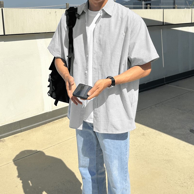 [2컬러]포스 남자 오버 루즈핏 옥스포드 반팔 셔츠 남방